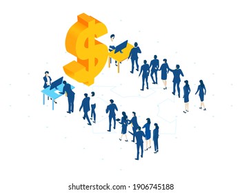 Isometric 3D business environment with business people queuing for interview. Finance, economy, banking, success, personal security concept infographic illustration.