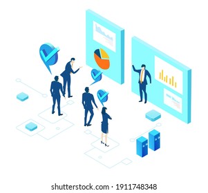 Isometric 3D business environment with business people having seminar, meeting next to growth charts and bars. Success, internet, data protection, security, investments infographic illustration.