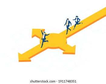 Isometric 3D business environment with business people running. Arrow sign pointing to a different directions. Making decisions, advisory, support and success concept  - Shutterstock ID 1911748351