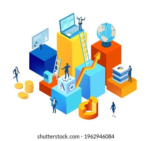 Isometric 3D business environment. Business people working together,  generating fresh content and new ideas. Infographic illustration