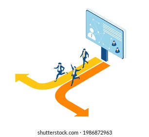 Isometric 3D Business Environment. Business People Running To Different Directions In Order To Get The Best Opportunity In Business. Business Management Infographic. Isometric Working Space