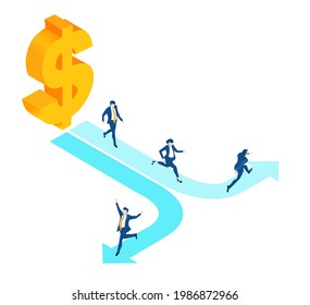 Isometric 3D Business Environment. Business People Running To Different Directions In Order To Get The Best Opportunity In Business. Business Management Infographic. Isometric Working Space