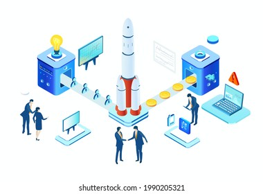 Isometric 3D business environment with business people working around rocket. New start up business, management, support infographic concept. Isometric working space