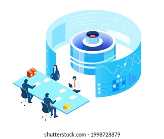 Isometric 3D business environment with business people working in Big data center. Technology, analysing, web support and internet security. Data protection. Isometric working space