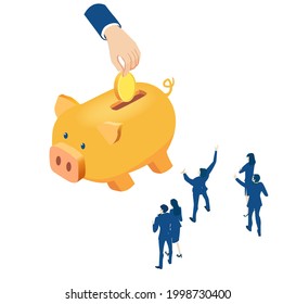 Isometric 3D business environment with business people checking investment. Banking, investment strategy, saving idea. Isometric working space with people. 