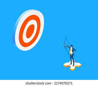Isometric 3D business environment with business people aiming the target. Success, agreement, data protection, personal security infographic illustration.