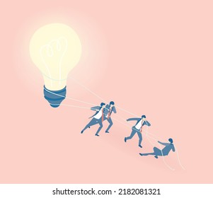 Isometric 3D business environment with business people pulling light bulb. Work together as team,  success, reading data, searching, personal security infographic illustration.