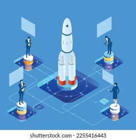 Isometric 3D business environment. Business business people working together  next to big rocket. Rocket ready to be launch. Technology, success, data protection and personal security infographic 