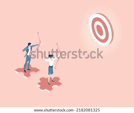 Isometric 3D business environment with business people aiming the target. Success, agreement, data protection, personal security infographic illustration.