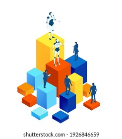 Isometric 3D business environment. Robots and people work together,  artificial intelligence concept infographic.   Big data, internet security, tech progress