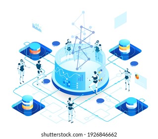 Isometric 3D business environment. Robots work in server room,  artificial intelligence concept infographic.   Big data, internet security