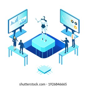 Isometric 3D business environment. Robots and people working together,  artificial intelligence concept infographic. Robots and business people working in server room,  big data.  