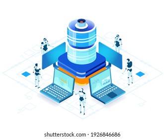 Isometrisches 3D-Geschäftsumfeld. Roboter arbeiten an Big Data, künstliche Intelligenz Konzept Infografik.   Big Data, Internetsicherheit, technischer Fortschritt