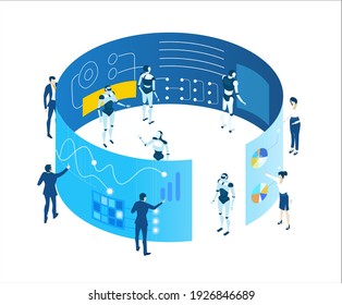 Isometric 3D Business Environment. Robots And People Working Together,  Artificial Intelligence Concept Infographic. Robots And Business People Working In Server Room,  Big Data.  