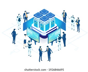 Isometric 3D Business Environment. Robots And People Working Together,  Artificial Intelligence Concept Infographic. Robots And Business People Working In Server Room,  Big Data.  