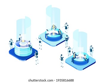 Isometric 3D business environment. Robots work in server room, artificial intelligence concept infographic. Big data, internet security