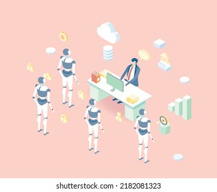 Entorno empresarial 3D isométrico. Robots y concepto de inteligencia artificial. Empresarios trabajando con robots. Robots humanos frente a robots. FAG