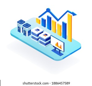 Entorno empresarial 3D isométrico con espacio de servidores y gran gráfico de crecimiento. Tecnología, éxito, Internet, protección de datos y concepto de seguridad personal 