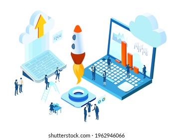 Isometric 3D business environment. Isometric server room space, business people work around rocket as symbol of generating fresh content and new ideas. Infographic illustration