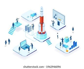 Isometric 3D business environment. Isometric server room space, business people work around rocket as symbol of generating fresh content and new ideas. Infographic illustration