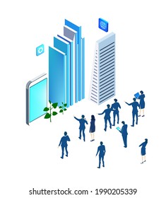 Entorno empresarial 3D isométrico con un equipo de negocios que trabaja alrededor de rascacielos. Nuevas empresas de puesta en marcha, gestión, propiedad, concepto de infografía de desarrollo urbano. Espacio de trabajo isométrico