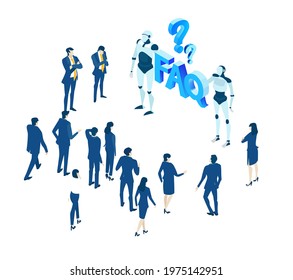 Isometric 3D business environment.  Isometric working space, business people introducing Artificial intelligence, Robotic Support.  Business concept infographic.