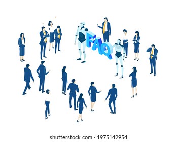 Isometric 3D business environment.  Isometric working space, business people introducing Artificial intelligence, Robotic Support.  Business concept infographic.