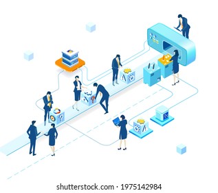 Isometric 3D business environment.  Isometric working space, business people working together next to conveyer belt, production line. Support, delivery, Business concept infographic.