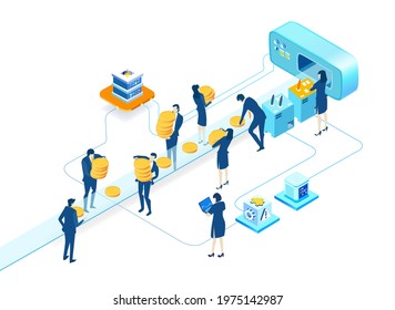 Isometric 3D business environment.  Isometric working space, business people working together next to conveyer belt producing coins. Support, advisory, investments, Business concept infographic.
