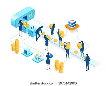 Isometric 3D business environment.  Isometric working space, business people working together next to conveyer belt producing coins. Support, advisory, investments, Business concept infographic.
