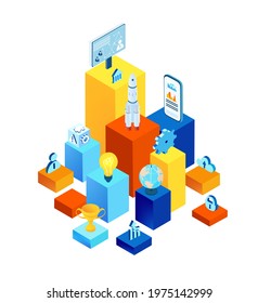 Isometric 3D business environment.  Isometric working space, business people working together. Support, advisory, investments, Business concept infographic.