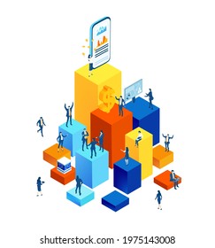 Isometric 3D business environment.  Isometric working space, business people working together. Support, advisory, investments, Business concept infographic.