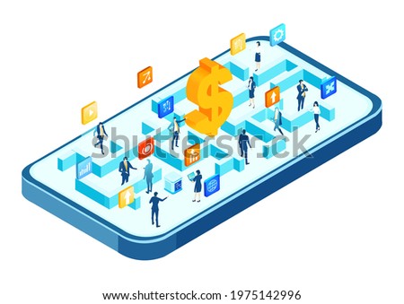 Isometric 3D business environment.  Isometric working space, business people working together in maze. Support, advisory, investments, solving the problems. Business concept infographic.