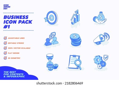 Isometric 3D business icon set. Gestión financiera y de tiempo.