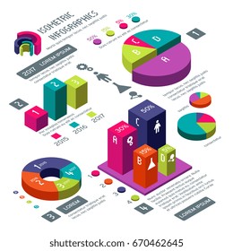 Isometric 3d Business Vector Infographic With Color Diagrams And Charts. Isometric Colored Infographic And Diagram For Information Web Illustration