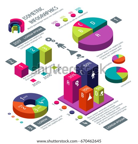 Isometric 3d business vector infographic with color diagrams and charts. Isometric colored infographic and diagram for information web illustration