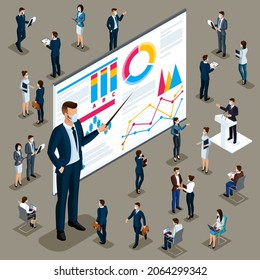 Isometric 3d hombre de negocios. Pequeños y grandes trabajadores y subordinados, entrenamiento, entrenamiento. Los hombres de negocios miran hacia delante y hacia atrás. Personajes enmascarados durante la pandemia.