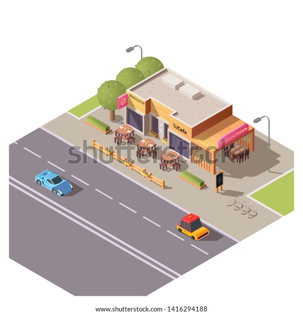 Isometric 3d cafe building with outdoor\
terrace and round tables at roadside with moving cars. Restaurant,\
city architecture, cafeteria exterior design with bike parking and\
trees, vector\
illustration