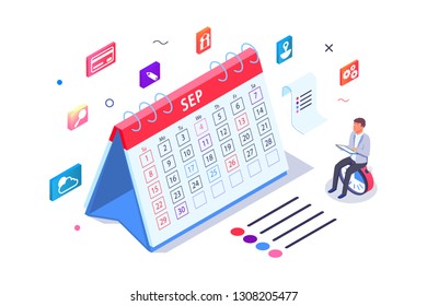 Isometric 3d calendar with task managment and businessman. Concept man employee planning business. Low poly. Vector illustration.