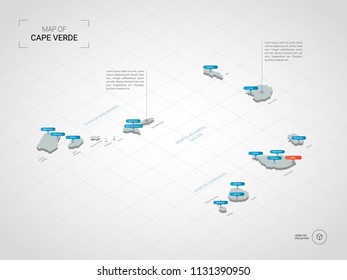 Isometric  3D Cape Verde map. Stylized vector map illustration with cities, borders, capital Praia , administrative divisions and pointer marks; gradient background with grid. 