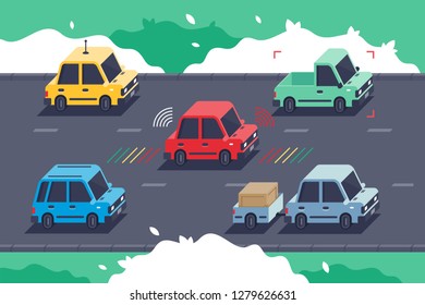 Isometric 3d car with electronic device for detection, sensors for parking, distances. Concept passenger vehicle on road in trip. Low poly. Vector illustration.