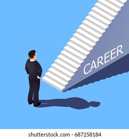 Isometric 3d career concept. The businessman is going to climb the career ladder.