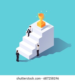 Isometric 3d Career Concept. Businessmen Climbing Career Ladder.