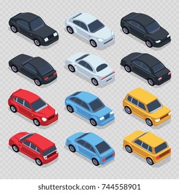 Isometric 3d cars set isolated on transparent background. Set transport isometric automobile, vector illustration