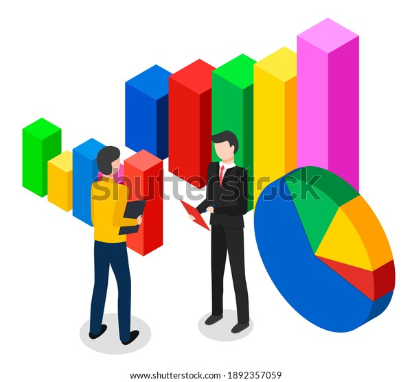 Isometric 3D cartoon image of huge bar and pie\
charts. Multicolored geometric volumetric shapes. Symbolic graphs,\
charts. Two businessmen standing and talking, holding tablets in\
hands. E-commerce