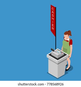 Isometric 3d of cashier counter with employee, who give convenience service for customer, who come to shopping at the store, vector illustration flat design.