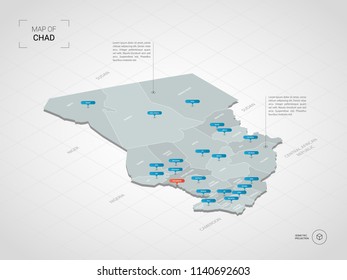 Isometric  3D Chad map. Stylized vector map illustration with cities, borders, capital N'Djamena , administrative divisions and pointer marks; gradient background with grid. 

