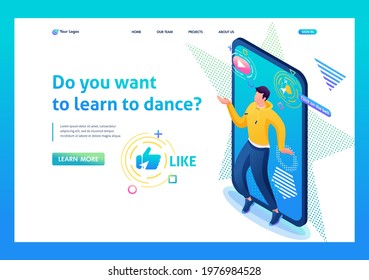 Isometric 3D. Channel About The Dance Of a Young Guy Tectonics, Freestyle. Do You Want To Learn To Dance. Concept Of Landing Page