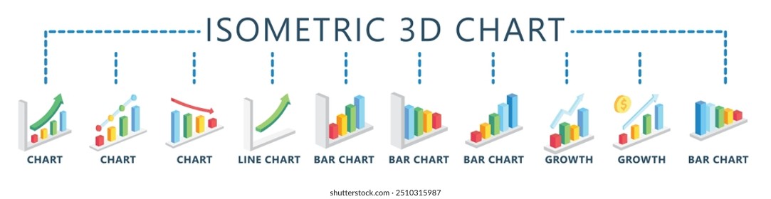 Isometric 3d chart, bar chat, line chart, for education, economy, financial, investment and more. best for UI, UX, web and app development. vector eps 10.