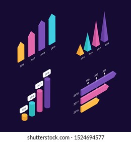 Isometric 3d charts. graphs. Bar charts set. Infographic presentation, design data finance. Vector illustration.